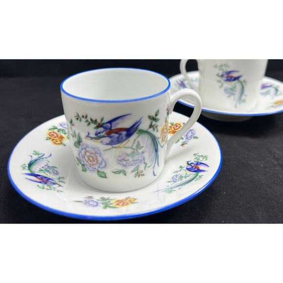 Lec Limoges France LeClair Bird & Floral Porcelain Cup & Saucers. Set Of 4 - Picture 6 of 10